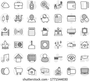 Editable thin line isolated vector icon set - ketchup, viruses, fetlock vector, scoop, shining, garbage pile, measuring cup, spices, egg, pasta, graduate hat, microscope, calculator, presentation