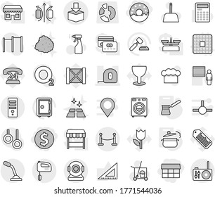 Editable thin line isolated vector icon set - dollar coin, market, donut, measuring tape, package, vip fence, magnetic field vector, cpu, steam pan, turk, cleaner trolley, scoop, washer, sprayer