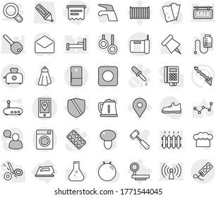 Editable thin line isolated vector icon set - atm receipt, mobile location, iron, water tap vector, towel, kettle, cook hat, meat hammer, mushroom, paper pin, flask, constellation, crisis, fitball