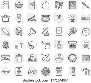 Editable thin line isolated vector icon set - market scales, necklace, hospital recieption vector, mansion, school, scooter shipping, plane, satellite antenna, pan, apron, walnut crack, rolling pin