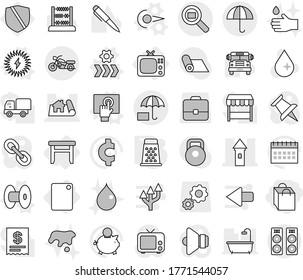 Editable thin line isolated vector icon set - shopping bag, tower, project, dry cargo, search, insurance, motorcycle, stool, tv, cutting board, photon vector, coil, touchscreen, conveyor, grater