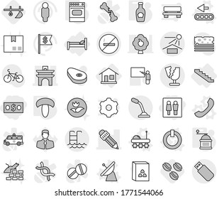 Editable thin line isolated vector icon set - wc, money, arch, pencil, sun potection, broken, pool, no smoking, home, bed, stairs, on off button vector, lunar rover, satellite antenna, phone, oven