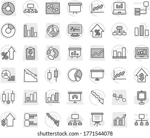 Editable thin line isolated vector icon set - monitor pulse vector, presentation, chart, analytics, hierarchy, graph, pie, japanese candle, laptop, crisis, percent growth, dollar, board, report
