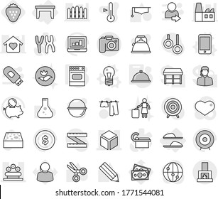 Editable thin line isolated vector icon set - 3d, flower bed, camera, table, slippers, bulb vector, phone, oven, meal cap, strawberry, sponge, drying clothes, ecology, garbage bin, camping cauldron