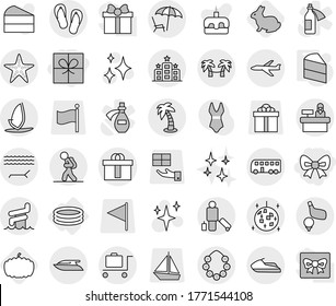 Editable thin line isolated vector icon set - gift, bow, hi quality package, plane, bus, tourist, passenger, lounger, palm, hawaiian wreath, disco ball, aquapark, starfish, baggage trolley, hotel