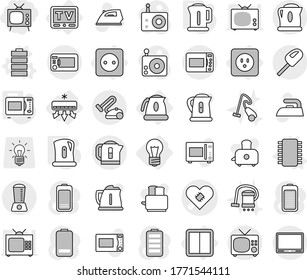 Editable thin line isolated vector icon set - tv, pacemaker vector, bulb, power socket, switch, air conditioning, kettle, chip, battery, microwave oven, iron, vacuum cleaner, toaster, radio, blender