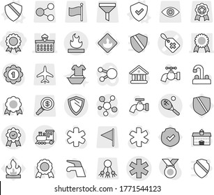 Editable thin line isolated vector icon set - medal, ambulance star vector, medical label, university, flammable, train, tennis, shield, water tap, handle washing, protected, funnel, share, flag