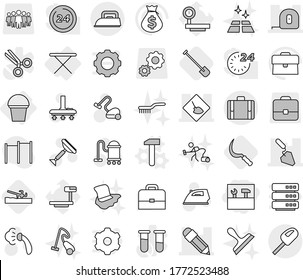 Editable thin line isolated vector icon set - tools, under construction, pencil, measuring tape, suitcase, iron board, bucket, hammer vector, soil cutter, shovel, sickle, scraper, vacuum cleaner