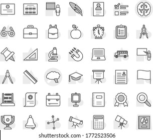 Editable thin line isolated vector icon set - brain vector, copybook, graduate hat, pen, blackboard, corner ruler, drawing compass, glasses, case, backpack, apple fruit, telescope, microscope, bell