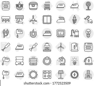 Editable thin line isolated vector icon set - spark plug, power switch, radiator, iron, mixer, kettle, floor lamp, magnet vector, electric, on off button, windmill, solar, induction oven, blender