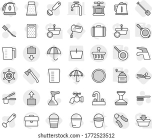 Editable thin line isolated vector icon set - basket, baggage get, handwheel, mixer, kettle, pan, hand mill, scissors, shovel, axe, bucket, plunger vector, water tap, fetlock, car, measuring cup