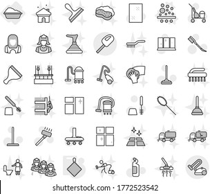 Editable thin line isolated vector icon set - washing, filter vector, rag, scraper, cleaner trolley, vacuum, mop, car fetlock, window cleaning, toilet brush, agent, shining, woman, sweeper, wiping