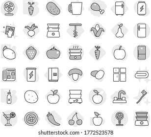 Editable thin line isolated vector icon set - chicken leg, apple vector, cocktail, cooler fan, water tap, fridge, cup, corkscrew, vegetable oil, carrot, lemon, hot pepper, cherry, mushroom, corn