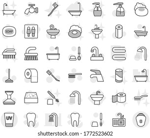 Editable thin line isolated vector icon set - wc, uv cream, sink, bath, towel, soap vector, water tap, fetlock, mop, sponge, car, toilet brush, liquid, paper, shower, tooth, cleanser powder