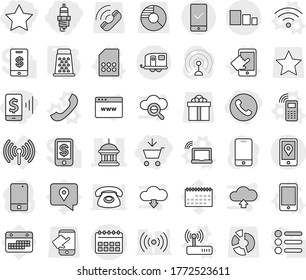 Editable thin line isolated vector icon set - add to cart, mobile pay, star, spark plug, phone, calendar vector, goverment house, location, sorting, trailer, checking, wireless, laptop wifi, router
