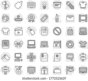 Editable thin line isolated vector icon set - bow, label, atm receipt, medal, shop signboard, singlepost, anamnesis vector, cross, signpost, photo, hanger, computer, toilet cleanser, cutting board