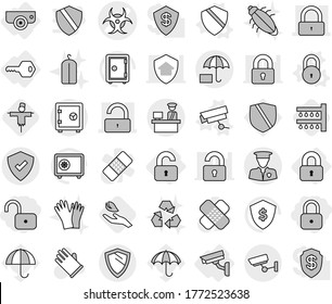 Editable thin line isolated vector icon set - lock, unlock, biohazard vector, customs control, protected, security man, insurance, surveillance, safe, shield, locked, unlocked, key, camera, watering