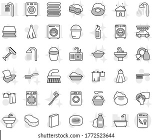Editable thin line isolated vector icon set - sink, washing, soap vector, scraper, fetlock, bucket, sponge, towel, drying clothes, washer, powder, shower, shampoo, tooth brush, dish cleanser, wiping