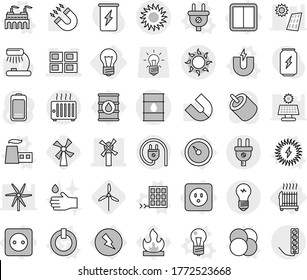 Editable thin line isolated vector icon set - panel house, windmill, barrel, sun, bulb, barometer, electricity, power socket, switch, radiator, atom core vector, magnet, on off button, plug, factory