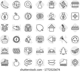 Editable thin line isolated vector icon set - market, left arrow, flower, crutch vector, monitor pulse, leafs, hospital recieption, dome house, bed, location details, first aid, life vest, seedling