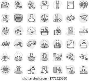 Editable thin line isolated vector icon set - hand coin, broken vector, hospital recieption, under construction, architector, client, customs control, courier delivery, workman, confidential, surfer