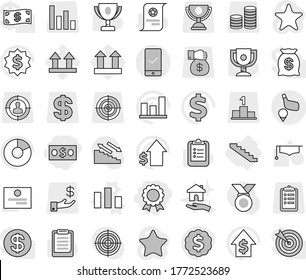Editable thin line isolated vector icon set - money, medal, mobile checking, golf, stairs, chart vector, housing, graduate hat, clipboard, award cup, certificate, graph, pie, dollar growth, sign