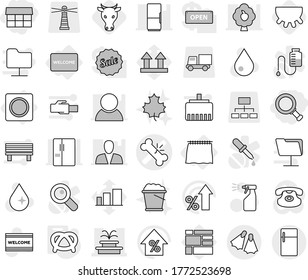 Editable thin line isolated vector icon set - market, magnifier, broken bone vector, fountain, flippers, curtain, ring button, welcome mat, pretzel, cow, udder, water drop, sprayer, maple leaf, sale