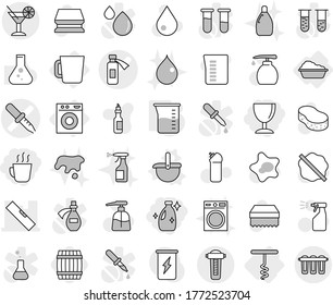 Editable thin line isolated vector icon set - wineglass, cleanser, hot drink, pipette vector, potion bottle, level, cocktail, washing machine, cup, corkscrew, ladle, measuring, barrel, sponge, spot