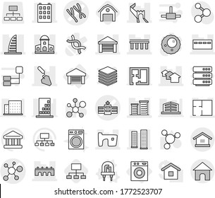 Editable thin line isolated vector icon set - chromosomes vector, hospital, virus, greate wall, bridge, mansion, building, skyscrapers, skyscraper, bunker, houses, slum, garage, district, plan, led