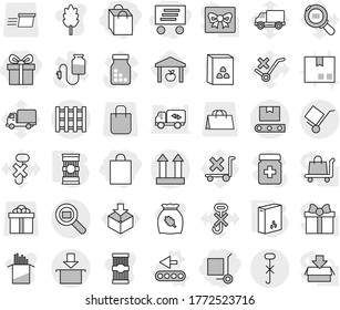 Editable thin line isolated vector icon set - gift, shopping bag, delivery, cargo stoller, trolley, top sign, do not hook, package, search, transporter tape, pallet, conveyor vector, cereals, pasta