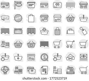 Editable thin line isolated vector icon set - account balance, add to basket, remove from, delete cart, store, label, sale, bar code, cashbox, atm receipt, signboard, mall, credit card, shop, money