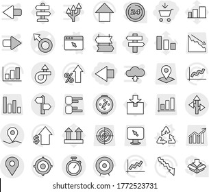 Editable thin line isolated vector icon set - add to cart, left arrow, singlepost, male sign vector, trip, signpost, geo pin, route, stopwatch, compass, recycle, browser window, graph, crisis, up