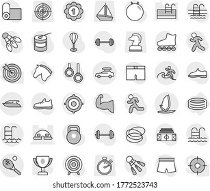 Editable thin line isolated vector icon set - dome house, car baggage, pool, surfer, tennis, yacht, windsurfing, inflatable, horse, award cup vector, target, barbell, stadium, weight, punching bag