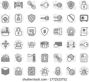 Editable thin line isolated vector icon set - lighthouse, customs control, alarm, vip fence, passport, atm, key, identity card, intercome, shield vector, unlock, scarecrow, farm, certificate, dollar