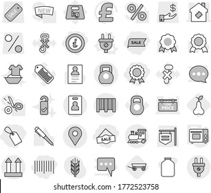 Editable thin line isolated vector icon set - label, sale, bar code, medal, info, smart house, geo pin, cargo top sign, heavy, train, identity card, plug vector, grill oven, trailer, pear, jar, pen