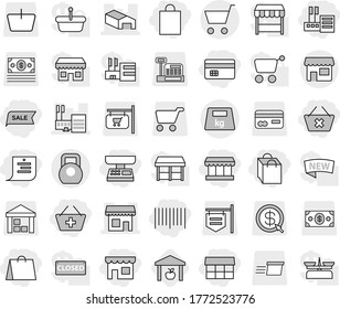 Editable thin line isolated vector icon set - credit card, add to basket, delete cart, shop, store, market, scales, shopping list, bag, sale, bar code, mall, warehouse, heavy, signboard, money