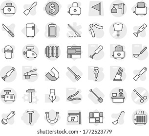 Editable thin line isolated vector icon set - dollar coin, nail, tooth implant vector, surgical clamp, loading, customs control, fridge, toaster, hammer, handle scales, garlic clasp, walnut crack