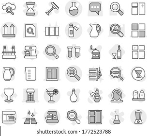 Editable thin line isolated vector icon set - magnifier, flask vector, potion bottle, building, window, cargo top sign, search, cocktail, mirror, coffee maker, data, jug, wine, scraper, cleaning