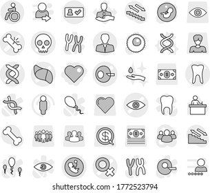 Editable thin line isolated vector icon set - heart, eye vector, female sign, dna, pregnancy, artificial insemination, broken bone, skull, tooth, liver, client, check in, invalid, hand and drop, man