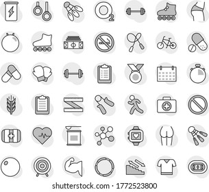 Editable thin line isolated vector icon set - barbell vector, measuring, heart pulse, stadium, stopwatch, clipboard, bike, jump rope, hand trainer, fitball, muscule, buttocks, boxing glove, t shirt