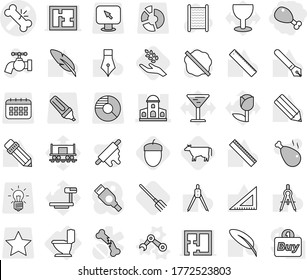 Editable thin line isolated vector icon set - chicken leg, broken bone vector, mansion, toilet, robot hand, cow, fork, harvest, acorn, water tap, splotch, washboard, rolling pin, pen, pencil, glass
