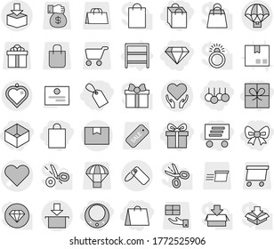 Editable thin line isolated vector icon set - gift, bow, shopping bag, box, label, sale, delivery, diamond, necklace, heart vector, health care, package, parachute, pendant, rack, certificate, cart
