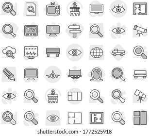 Editable thin line isolated vector icon set - magnifier, singlepost, eye vector, plan, plane, mirror, tv, pickup, telescope, bank building, truck trailer, search document, globe, marker, monitor