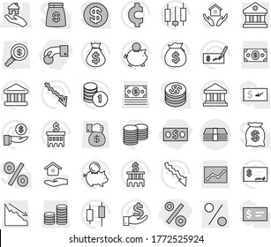 Editable thin line isolated vector icon set - hand coin, money, percent, library, real estate, house hold vector, bank, japanese candle, crisis, bag, piggy, investment, stack, check, building, gift