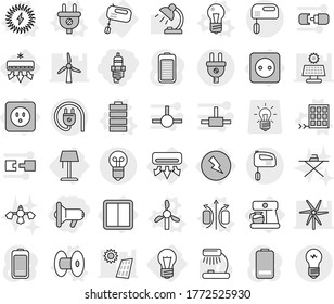 Editable thin line isolated vector icon set - megafon, spark plug, bulb, air conditioning, electricity, power socket, switch, mixer, coffee maker, floor lamp, magnetic field vector, coil, windmill