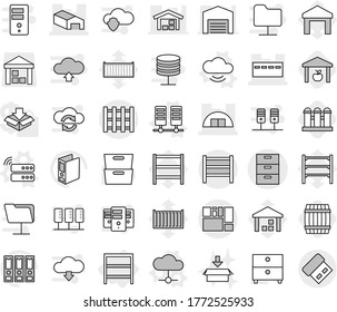 Editable thin line isolated vector icon set - archive vector, bunker, warehouse, hangare, consolidated cargo, rack, pallet, server, cloud, service, barrel, grain elevator, package, binder, shelving
