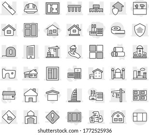 Editable thin line isolated vector icon set - store, tools, bridge, under construction, home, mansion, skyscraper, minaret, slum, modern architecture, house with garage, panel, window, block wall