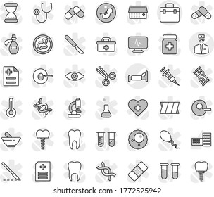 Editable thin line isolated vector icon set - doctor bag vector, hospital bed, school building, heart cross, thermometer, flask, vial, eye, dna, pregnancy, insemination, syringe, crutches, scissors