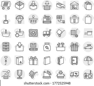 Editable thin line isolated vector icon set - gift, shopping bag, box, cashbox, delivery, cargo stoller, archive vector, warehouse, fragile, trolley, dry, sun potection, do not hook sign, package