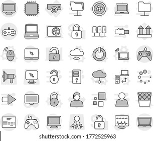 Editable thin line isolated vector icon set - invoice, cooler fan, surveillance camera, cpu vector, on off button, laptop wifi, cloud, service, data transfer, wireless mouse, lock, trash bin, share